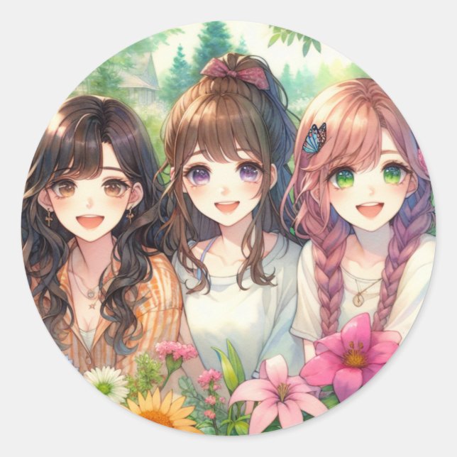 Niedliche Anime Girls Runder Aufkleber (Vorderseite)