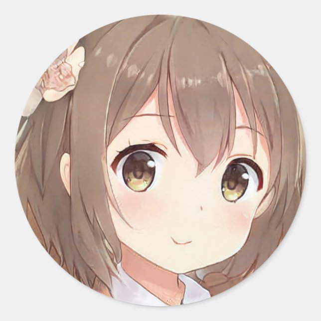 Niedliche Anime Manga Mädchen braunes Haar Haselau Runder Aufkleber (Vorderseite)