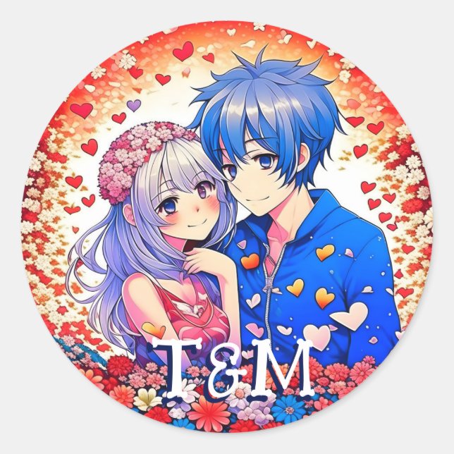 Niedliche Anime Themed Wedding Runder Aufkleber (Vorderseite)