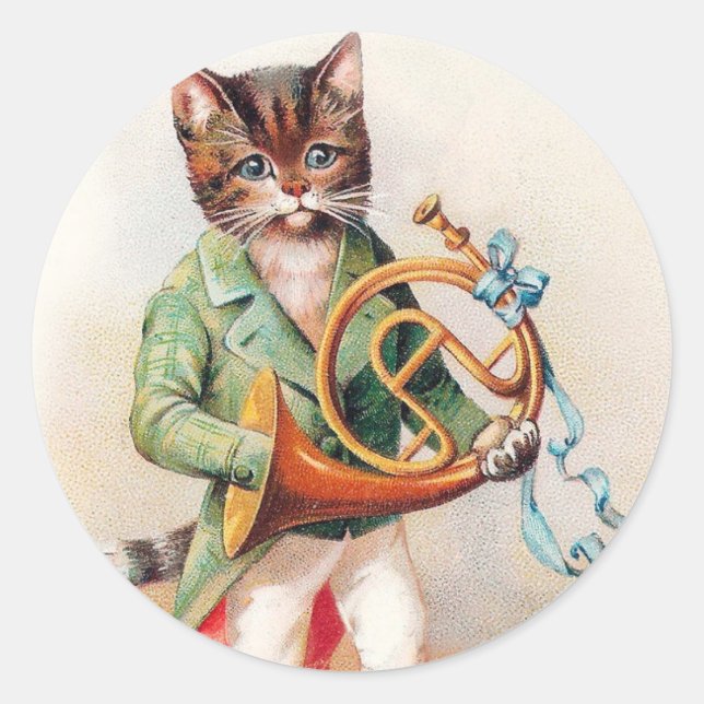 Niedliche anthropomorphe Katze mit französischem H Runder Aufkleber (Vorderseite)