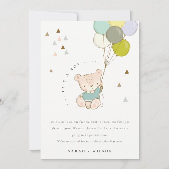 Niedliche Aqua Bear Balloon Baby Announccard Einladung (Vorderseite)