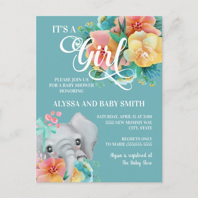 Niedliche Aquamarin-gelb-rosa Elephant Babydusche Postkarte (Vorderseite)