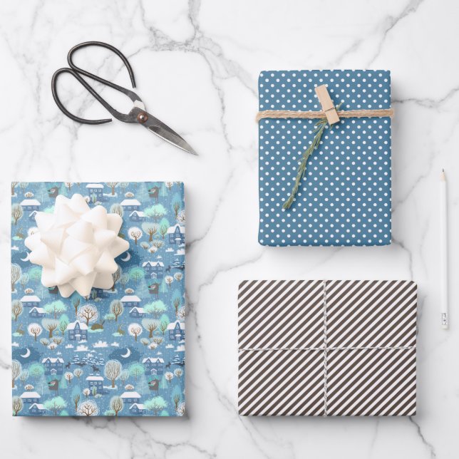 Niedliche Aquamarine blaugrüne Wintersaison Schnee Geschenkpapier Set (Vorderseite)