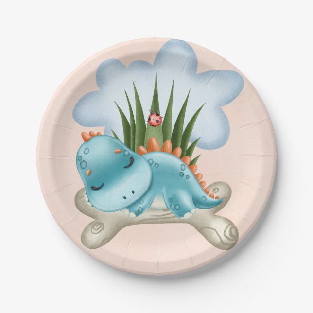 Niedliche Aquamarine Burnt Orange Dinosaur Babydus Pappteller (Vorderseite)