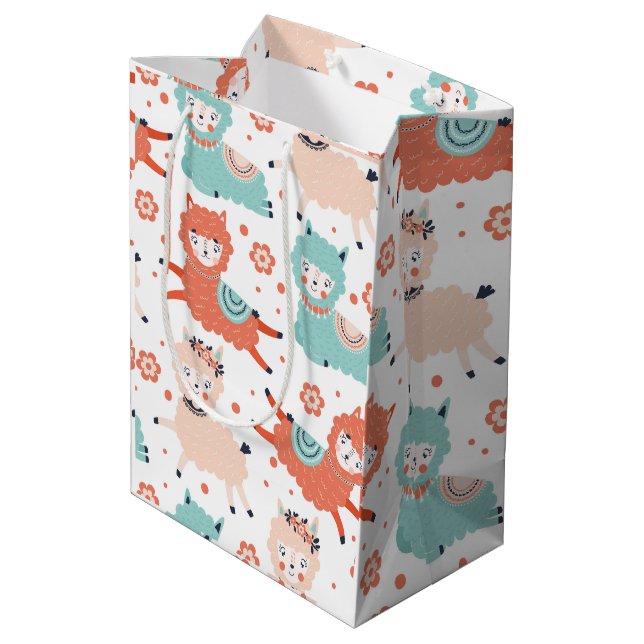 Niedliche Aquamarine Orange Blush Llama Boho Gesch Mittlere Geschenktüte (Rückseite Schrägansicht)