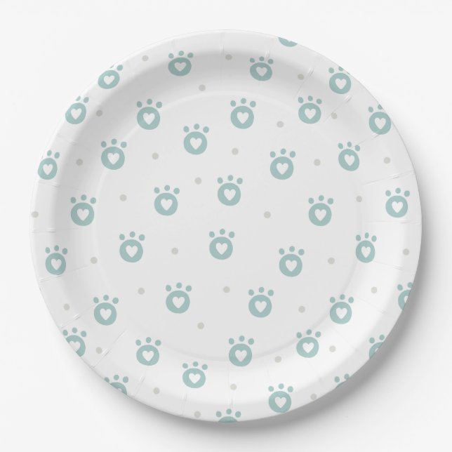 Niedliche Aquamarine Pet Paws mit Herz | Kids Pape Pappteller (Vorderseite)