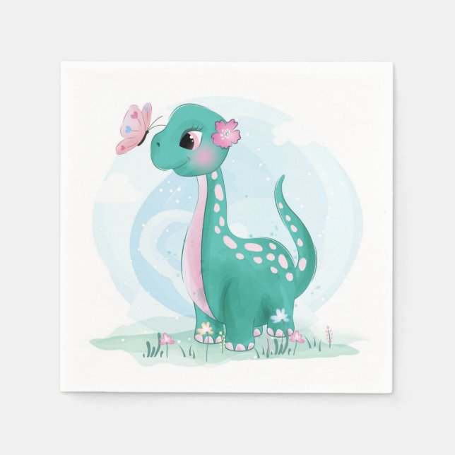 Niedliche Aquamarine Pink Dinosaur Butterfly Girl  Serviette (Vorderseite)