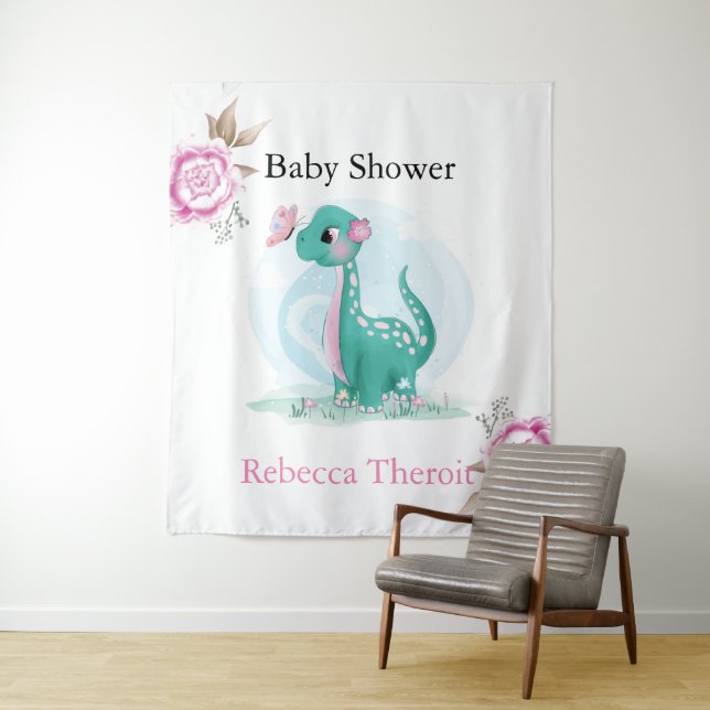 Niedliche Aquamarine Rosa Dinosaur Babydusche Hint Wandteppich (Beispiel)