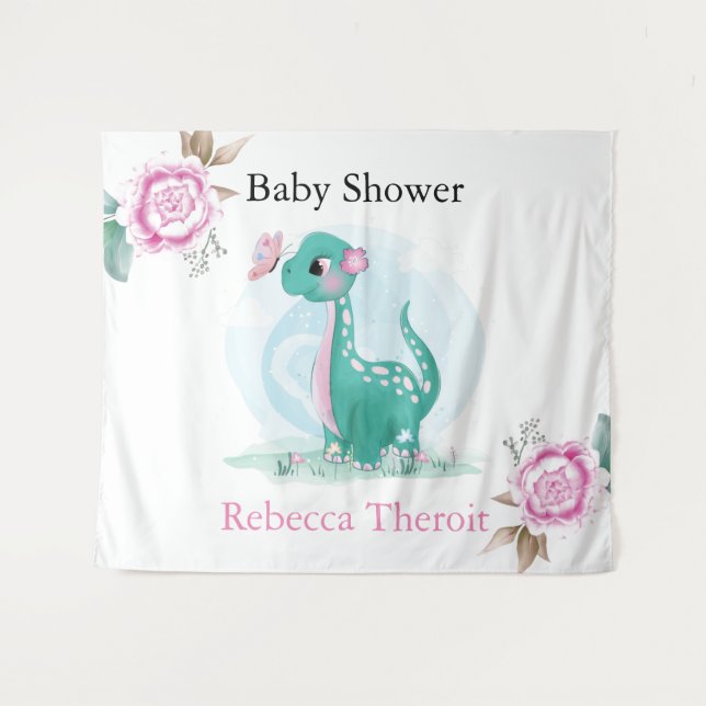 Niedliche Aquamarine Rosa Dinosaur Babydusche Hint Wandteppich (Vorderseite (Horizontal))