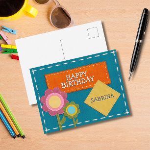 Niedliche Aquamarine Strohmatten Blume Happy Birth Postkarte