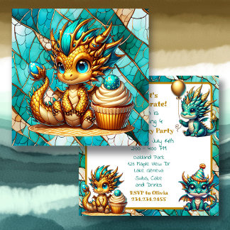 Niedliche Aquamarine und Gold Dragon Boy's Geburts Einladung