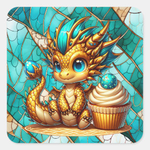 Niedliche Aquamarine und Gold Dragon Boy's Geburts Quadratischer Aufkleber