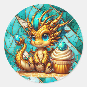 Niedliche Aquamarine und Gold Dragon Boy's Geburts Runder Aufkleber