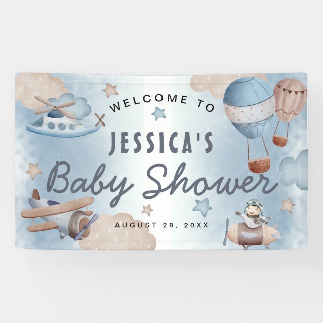 Niedliche Aquarell Aviation Blue Boy Babydusche Banner (Horizontal)