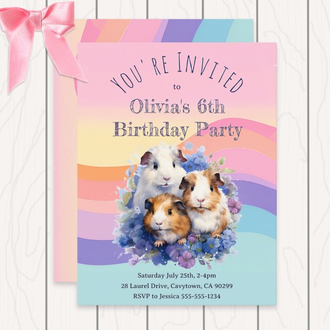 Niedliche Aquarell-Guinea Schweine Hübsche Geburts Einladungspostkarte (A custom birthday party invitation, with guinea pigs in a watercolor style on a pastel background)