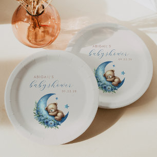 Niedliche Aquarellbär Blue Moon Boy Babydusche Pappteller