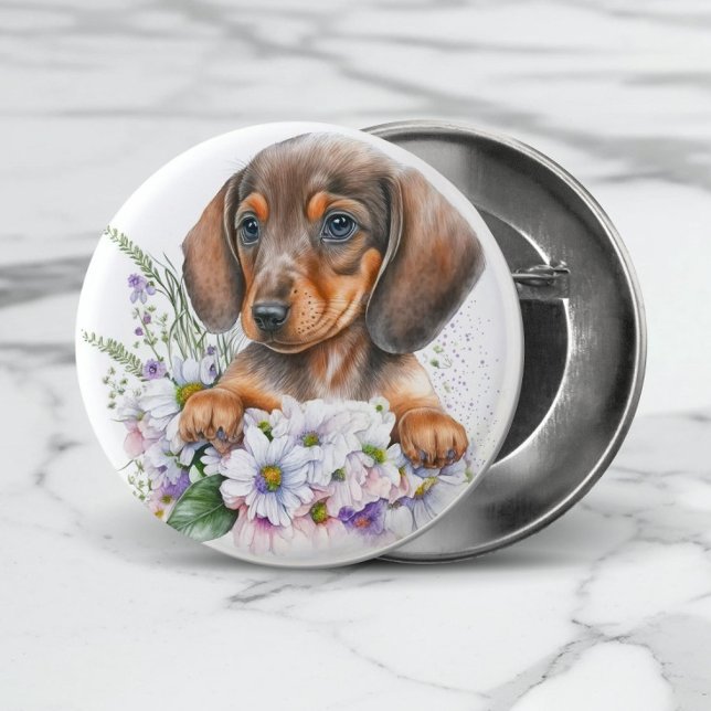 Niedliche Aquarellblume Dackel Welpenhund Button (View the collection for other matching gift items for Dachshund lovers.)