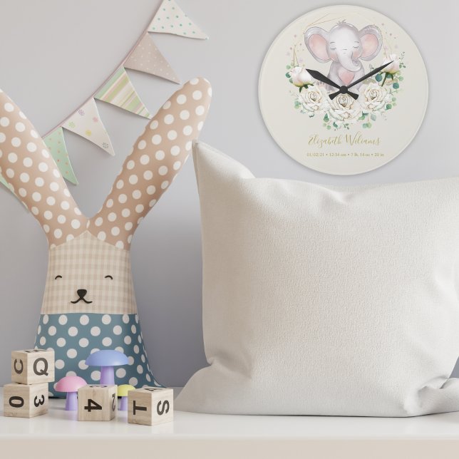 Niedliche Aquarellblume Elefant Birth Stats Lar Große Wanduhr (Von Creator hochgeladen)