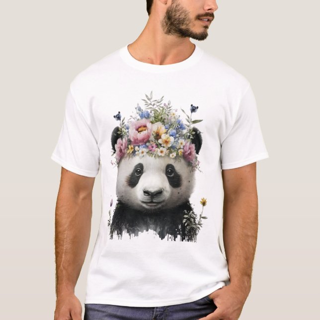 Niedliche Aquarellblume Panda T-Shirt (Vorderseite)