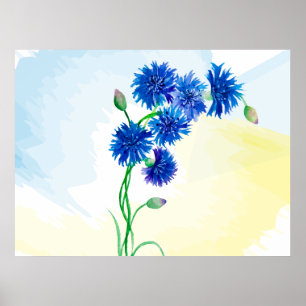 Niedliche Aquarellblumen auf blauem und gelbem Bac Poster