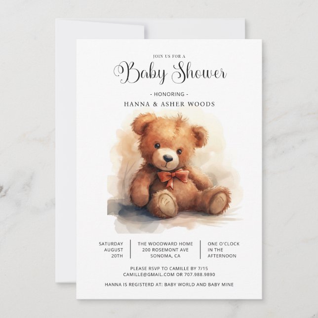 Niedliche Aquarellbrasse Teddy Bear Babydusche Einladung (Vorderseite)
