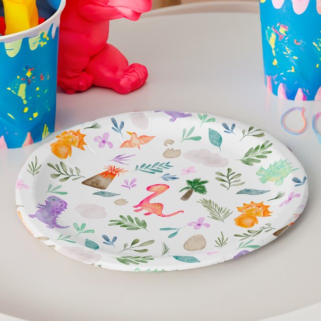 Niedliche Aquarelldinosaurier Grüne Babydusche Pappteller (Cute watercolor dinosaurs greenery baby shower paper plates)