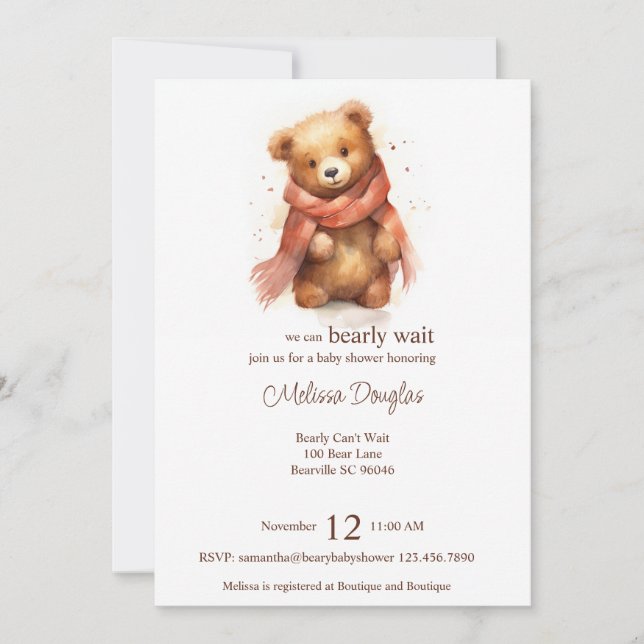 Niedliche Aquarelldusche Bear Baby Shooting Einladung (Vorderseite)