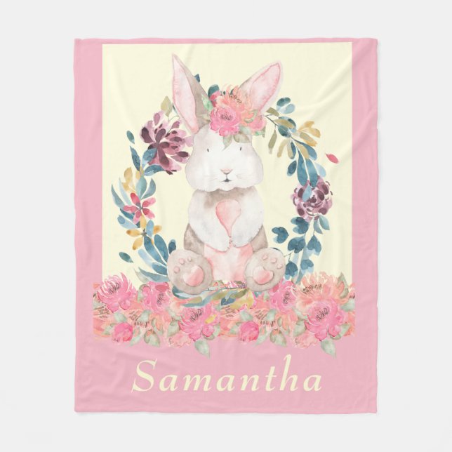 Niedliche Aquarellfarbe Bunny Pink Creme Blüte Fleecedecke (Vorderseite)