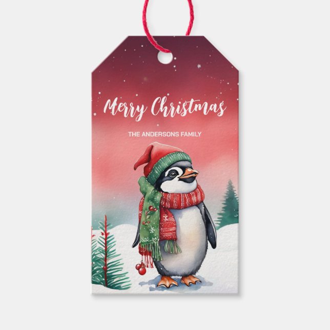 Niedliche Aquarellfarbe Penguin Weihnachten Party  Geschenkanhänger (Vorderseite)