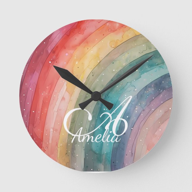 Niedliche Aquarellfarbe Personalisiert Regenbogen Runde Wanduhr (Vorderseite)