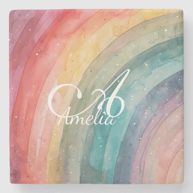 Niedliche Aquarellfarbe Personalisiert Regenbogen Steinuntersetzer (Vorderseite)