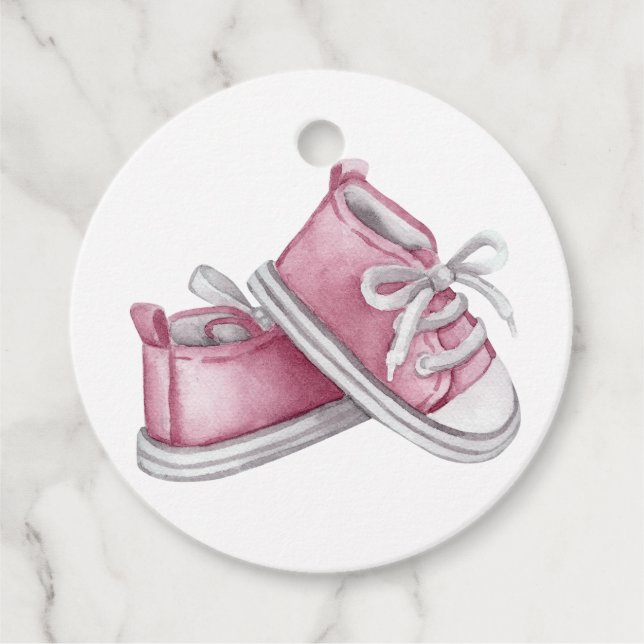 Niedliche Aquarellfarbe Pink Babyschuhe Kinderdusc Geschenkanhänger (Vorderseite)