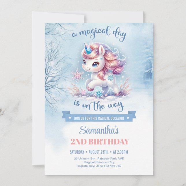 Niedliche Aquarellfarbe Rose Gold und Blau Einhorn Einladung (Vorderseite)