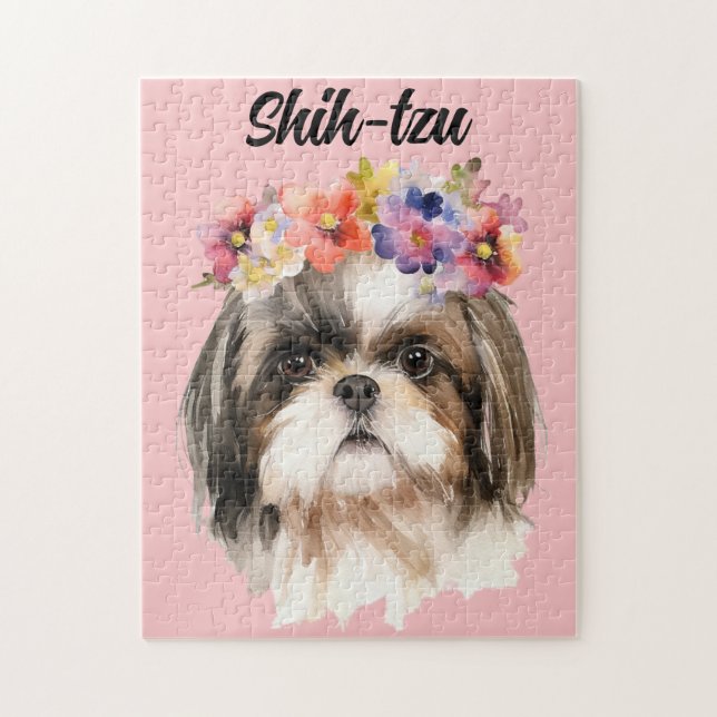 Niedliche Aquarellfarbe Shih-tzu Hund/Blume (Vertikal)