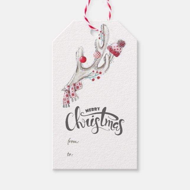 Niedliche Aquarellfarbe Winter Deer Antler Weihnac Geschenkanhänger (Vorderseite)