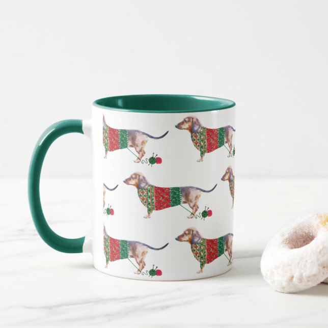 Niedliche Aquarellfarben-Dackel im Weihnachtsjumpe Tasse (Mit Donut)