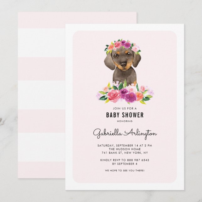 Niedliche Aquarellfarben Dackel Rosa Blumenblütend Einladung (Vorne/Hinten)