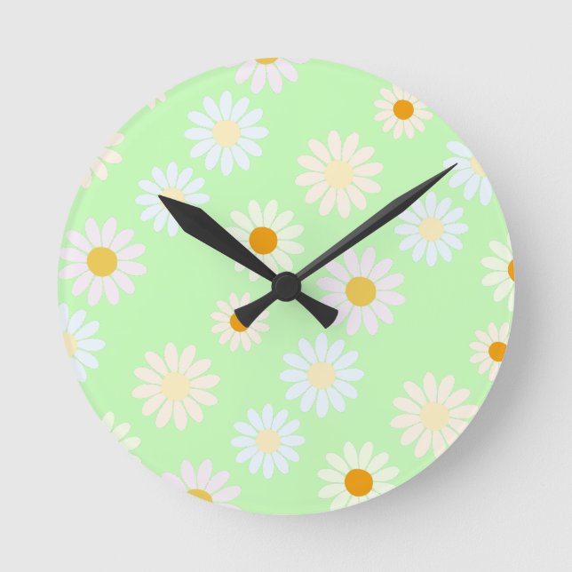 Niedliche Aquarellfarben Daisy Pattern Grün Runde Wanduhr (Vorderseite)