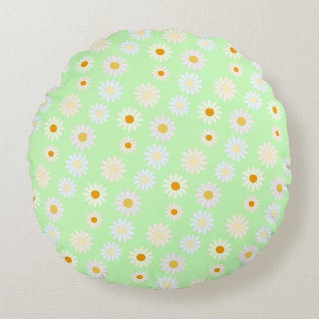 Niedliche Aquarellfarben Daisy Pattern Grün Rundes Kissen (Vorderseite)