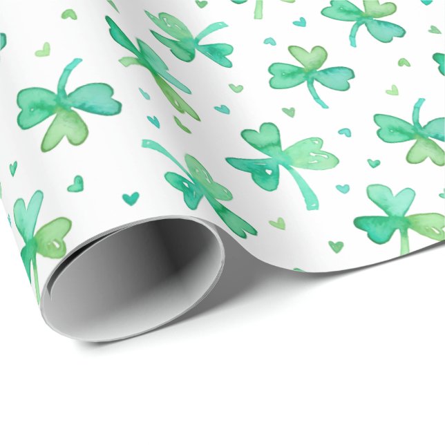 Niedliche Aquarellfarben-Kleeblätter und herzengrü Geschenkpapier (Rolleneckpunkt)