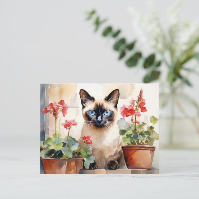 Niedliche Aquarellfarben Siamesen Katze Rote Geran Postkarte (Stehend Vorderseite)