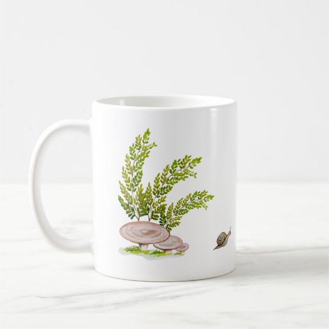 Niedliche Aquarellfläche eines Waldpilzes und eine Kaffeetasse (Links)