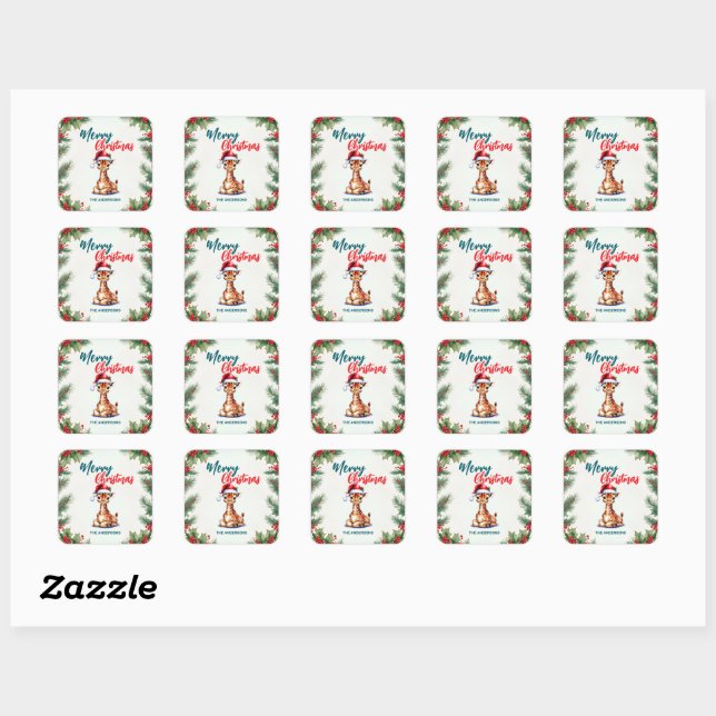 Niedliche Aquarellgiraffe Weihnachten Quadratischer Aufkleber (Blatt)