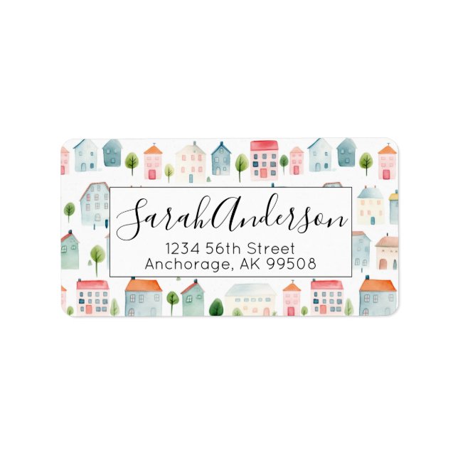 Niedliche Aquarellhäuser Real Anwesen Adressaufkleber (Vorne)