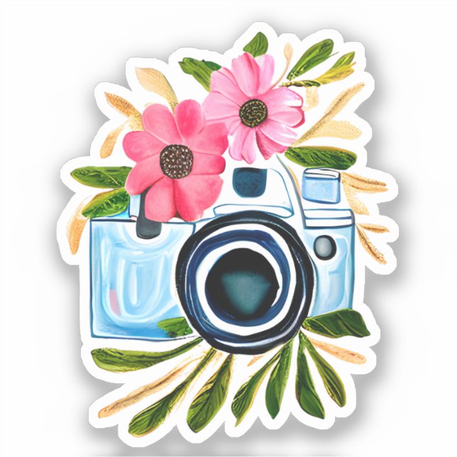 Niedliche Aquarellkamera und Blume Aufkleber (Vorderseite)