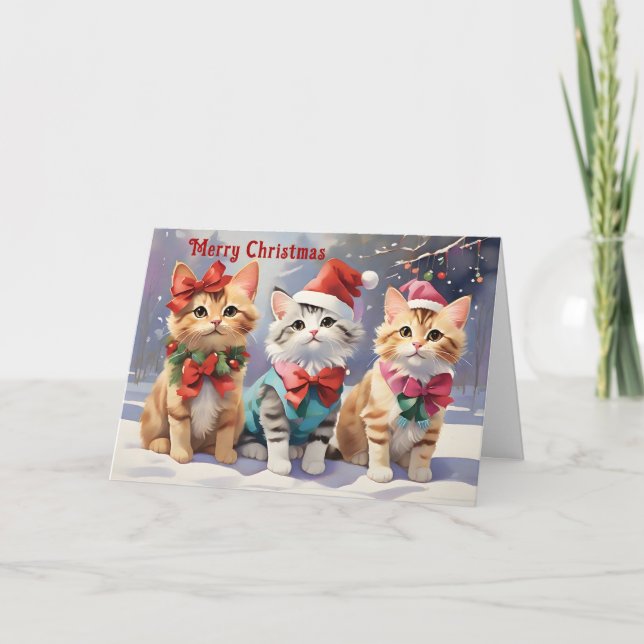 Niedliche Aquarellkatzen feiern Weihnachten Karte (Vorderseite)