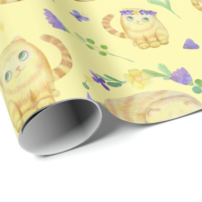 Niedliche Aquarellkatzen und Blume Muster gelb Geschenkpapier (Rolleneckpunkt)