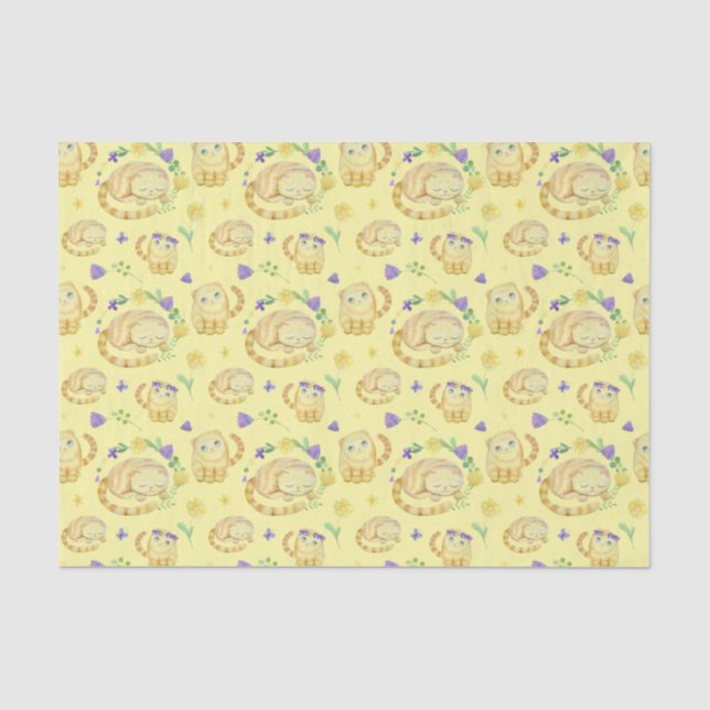Niedliche Aquarellkatzen und Blume Muster gelb Seidenpapier (Vorderseite)