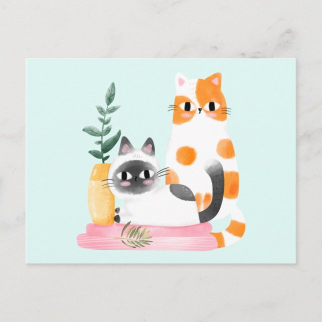 Niedliche Aquarellkatzen und Pflanze Postkarte (Vorderseite)