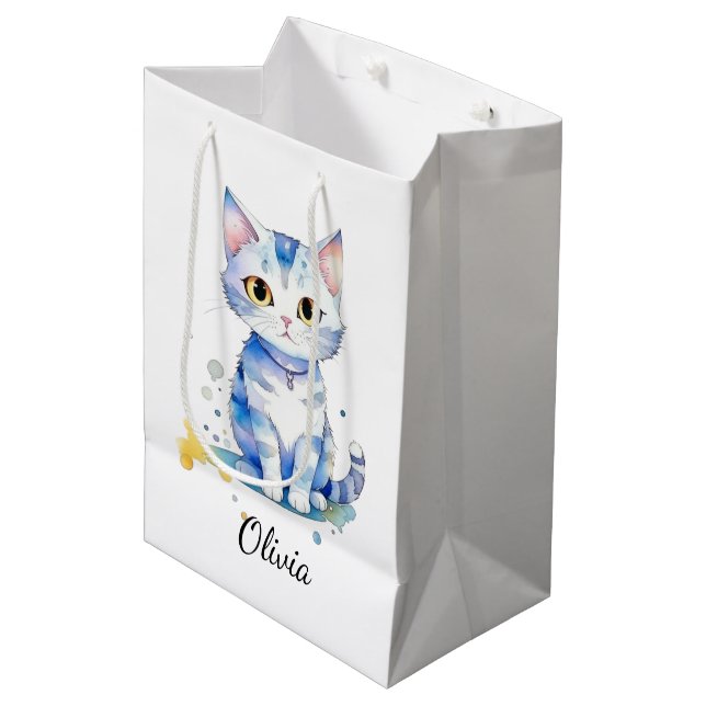 Niedliche Aquarellkatzengestaltung Mittlere Geschenktüte (Vorderseite Schrägansicht)